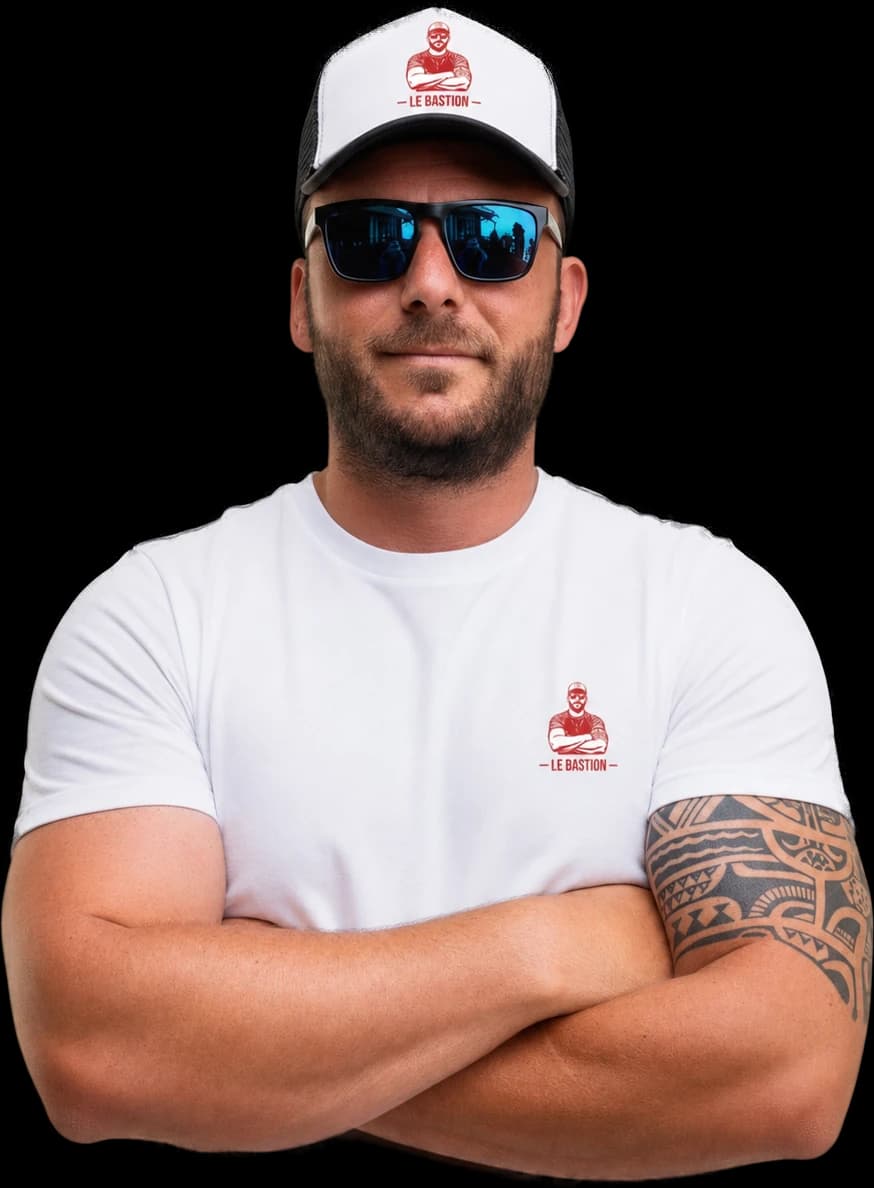 Yannick — casquette et t-shirt Le Bastion, bras croisés